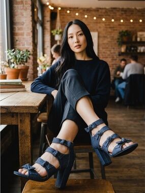 Indigo Denim Blue Strappy Block Heel Sandals
